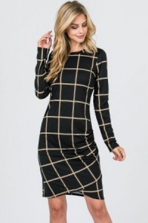 Black Grid Check Print Long Sleeve Dress