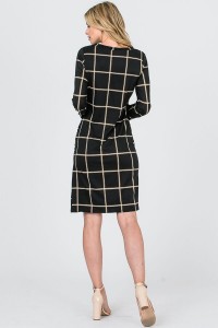 Black Grid Check Print Long Sleeve Dress