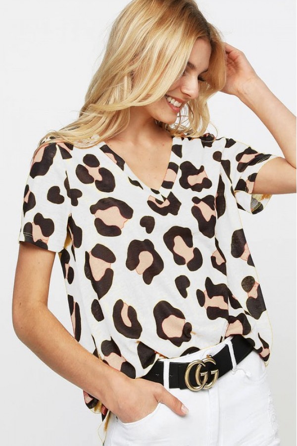 Leopard Print Hacci V Neck Knit Top