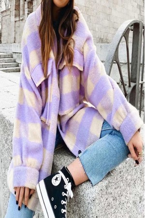 soft casual loose fit purple plaid jacket