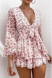 Summer Floral Print V Neck Ruffle Romper