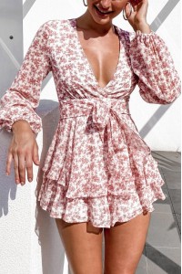 Summer Floral Print V Neck Ruffle Romper