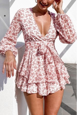 Summer floral print v neck ruffle romper