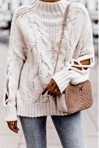 Cable Pattern Sweater Long Spaghetti Sleeve Top