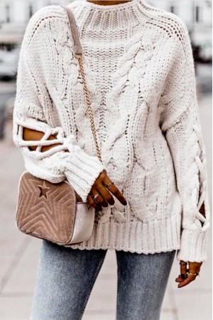 CABLE PATTERN SWEATER LONG SPAGHETTI SLEEVE TOP