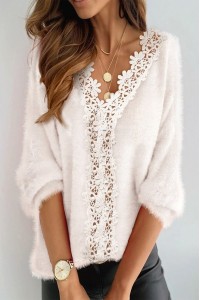 Puffy Lace Trim Casual Long Sleeve Sweater To