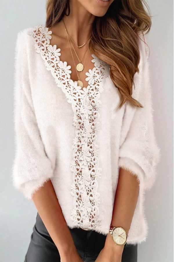 Puffy Lace Trim Casual Long Sleeve Sweater To