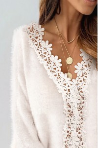 Puffy Lace Trim Casual Long Sleeve Sweater To