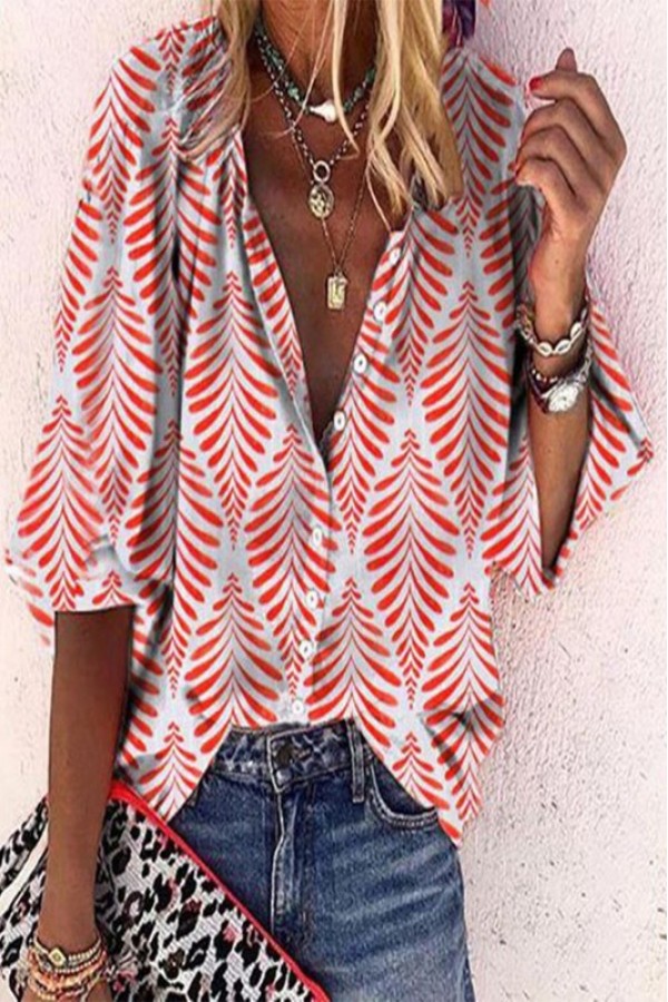 Casual Leaf Print Long Sleeve Top