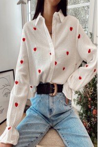 I Heart You Embroidery Crinkle Long Sleeve Top