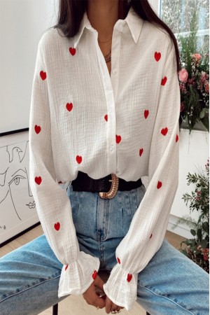 I heart you embroidery crinkle long sleeve top