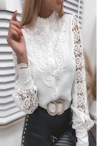 Elegant Stand Collar Button Hollow Out Top