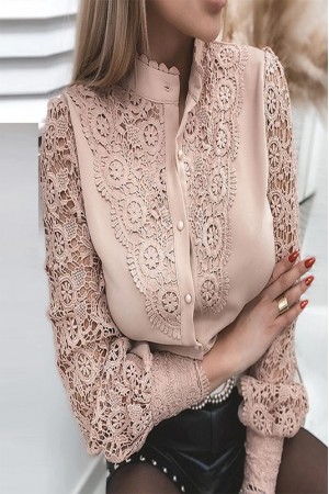 Elegant stand collar button hollow out top