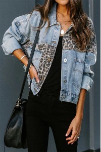 Leopard Contrast Denim Long Loose Casual Jacket