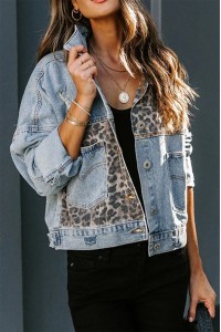 Leopard Contrast Denim Long Loose Casual Jacket