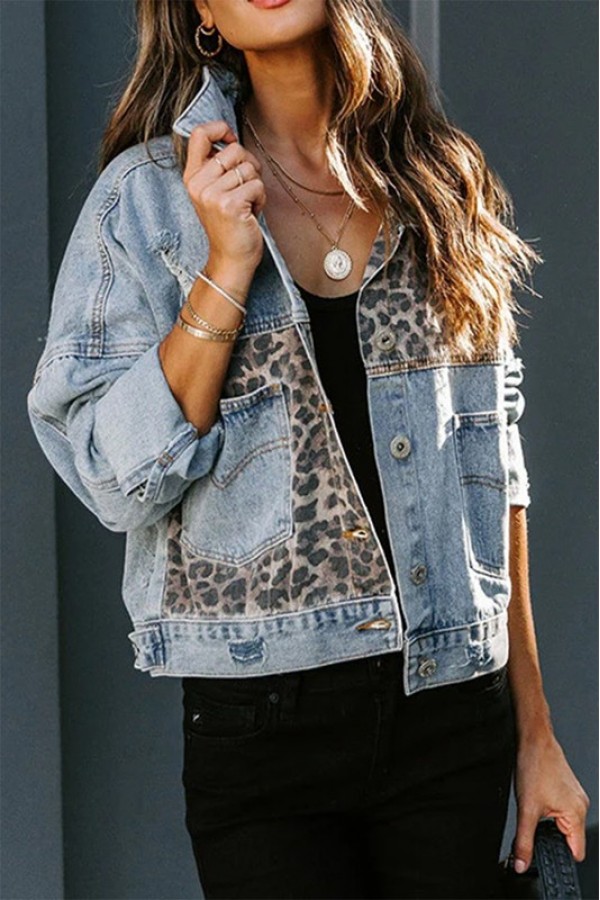 Leopard Contrast Denim Long Loose Casual Jacket