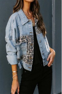 Leopard Contrast Denim Long Loose Casual Jacket