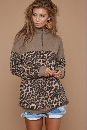 MIR BRUSH WITH LEOPARD BLOCK ZIP UP SWEATSHIRTS