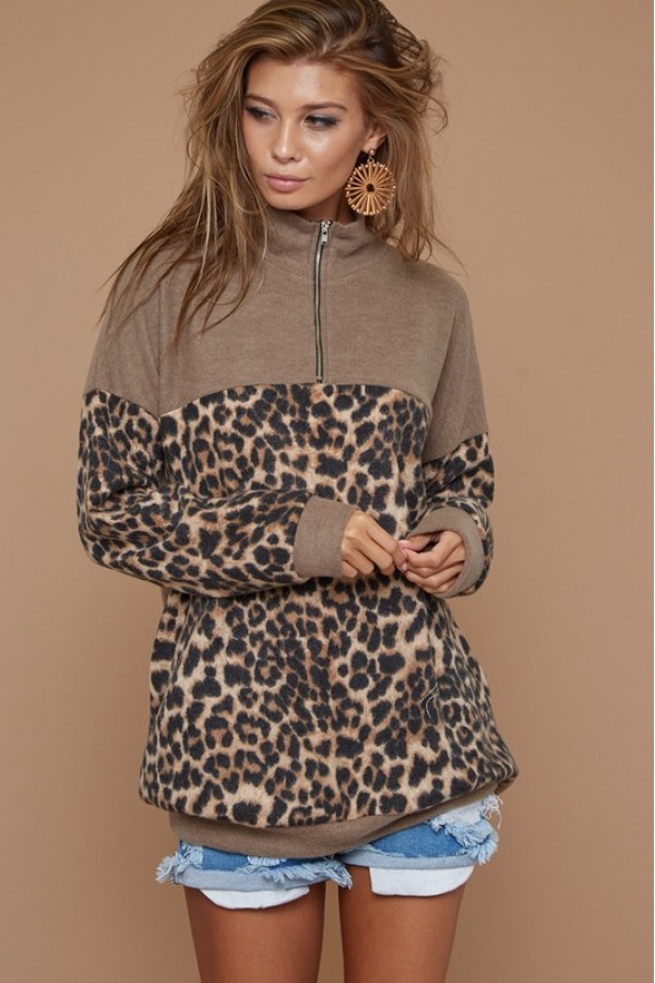 Mir Brush With Leopard Block Zip Up Sweatshirts