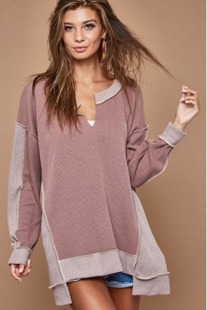THERMAL KNIT COLOR BLOCK WITH WAFFLE CUT EDGE