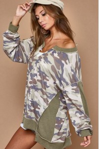 Camo Print Thermal Knit With Solid Color Block