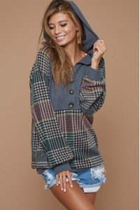 Checker Print Brushed Buttoned Placket Hoddie Top