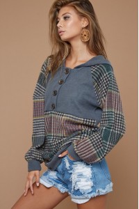 Checker Print Brushed Buttoned Placket Hoddie Top