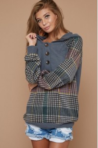 Checker Print Brushed Buttoned Placket Hoddie Top