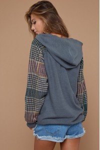 Checker Print Brushed Buttoned Placket Hoddie Top