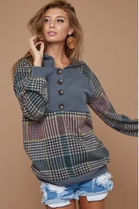 Checker Print Brushed Buttoned Placket Hoddie Top