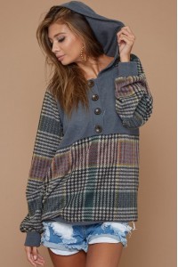 Checker Print Brushed Buttoned Placket Hoddie Top