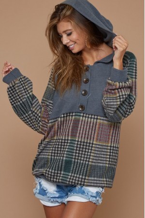 CHECKER PRINT BRUSHED BUTTONED PLACKET HODDIE TOP