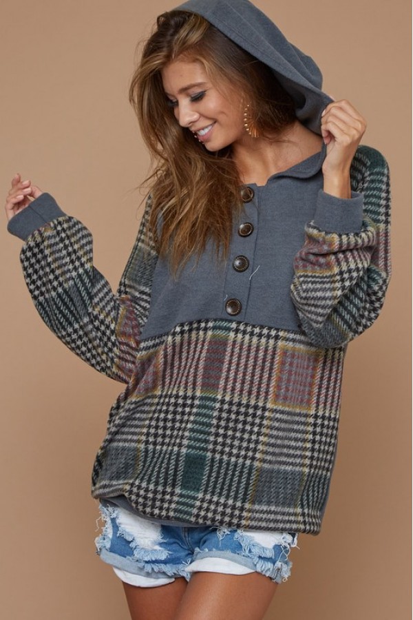 Checker Print Brushed Buttoned Placket Hoddie Top