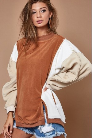OVER SIZED COLOR BLOCK BRUSHED KNIT TOP