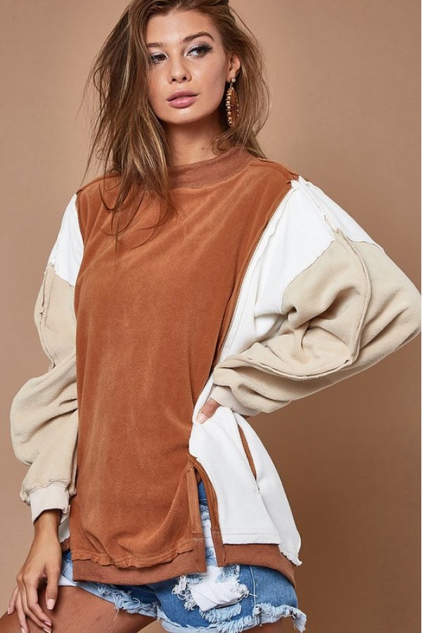 Over Sized Color Block Brushed Knit Top