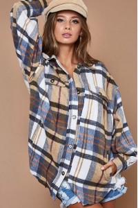 Brushed Plaid Buttoned Up Loose Fit Shirt Jacket