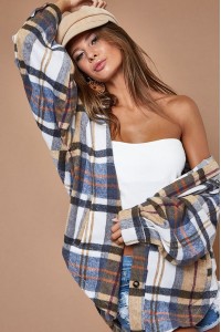 Brushed Plaid Buttoned Up Loose Fit Shirt Jacket