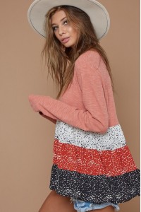 Slub Rib Top With Contrast Ditsy Dot Color Block