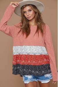 Slub Rib Top With Contrast Ditsy Dot Color Block