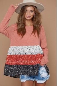 Slub Rib Top With Contrast Ditsy Dot Color Block