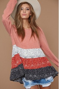 Slub Rib Top With Contrast Ditsy Dot Color Block