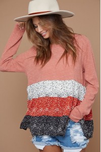 Slub Rib Top With Contrast Ditsy Dot Color Block