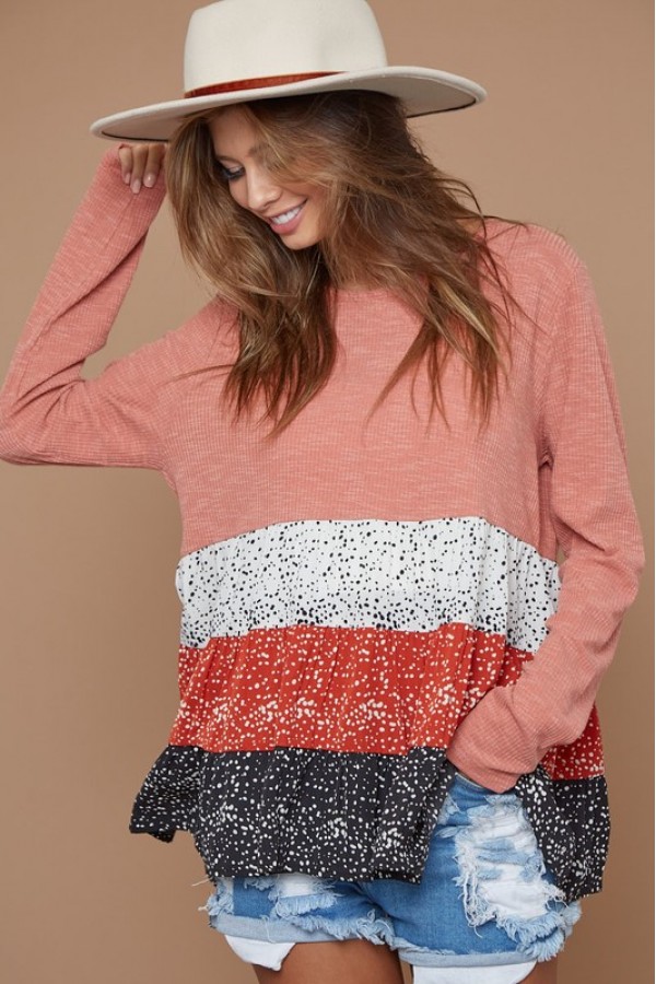 Slub Rib Top With Contrast Ditsy Dot Color Block