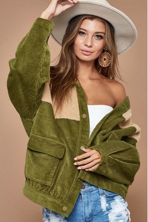 CORDUROY JACKET WITH BOUCLE YOKE AND SNAP BUTTON